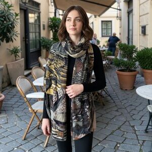 Vismaya Japanese Landscape Boho Scarf Wrap Multicolor Fringe Shawl Size OS